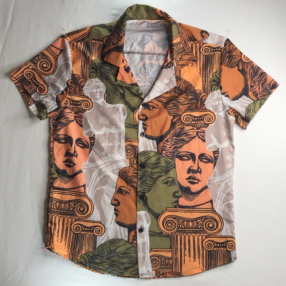SHEIN Men's Artistic Print Shirt in Orange and Green Large